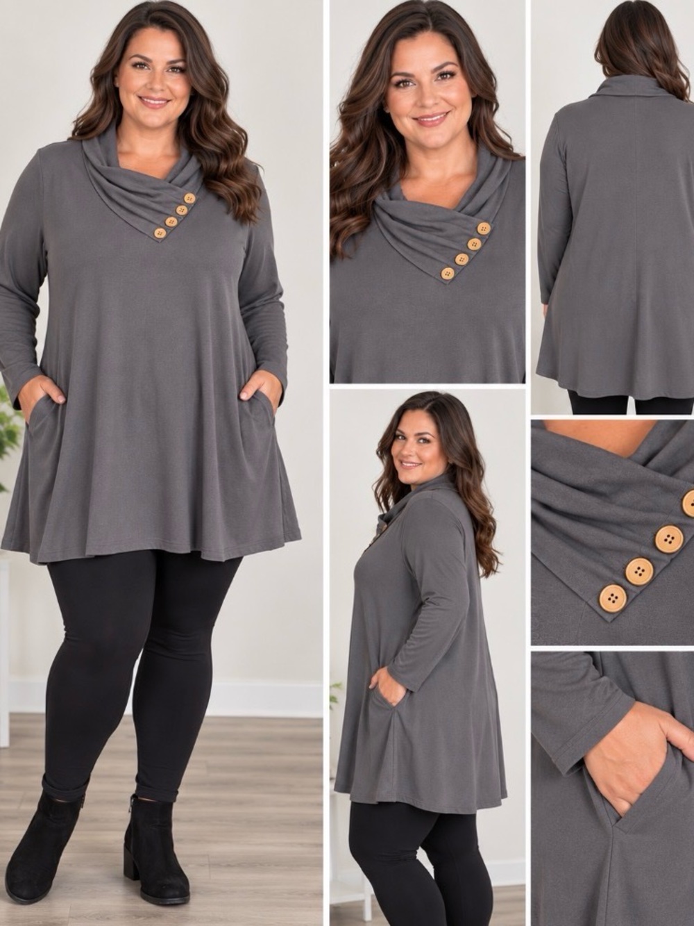 LARACE 3X Gray Cowl Neck Button Detail A-Line Tunic Top Cotton Stretch Pockets